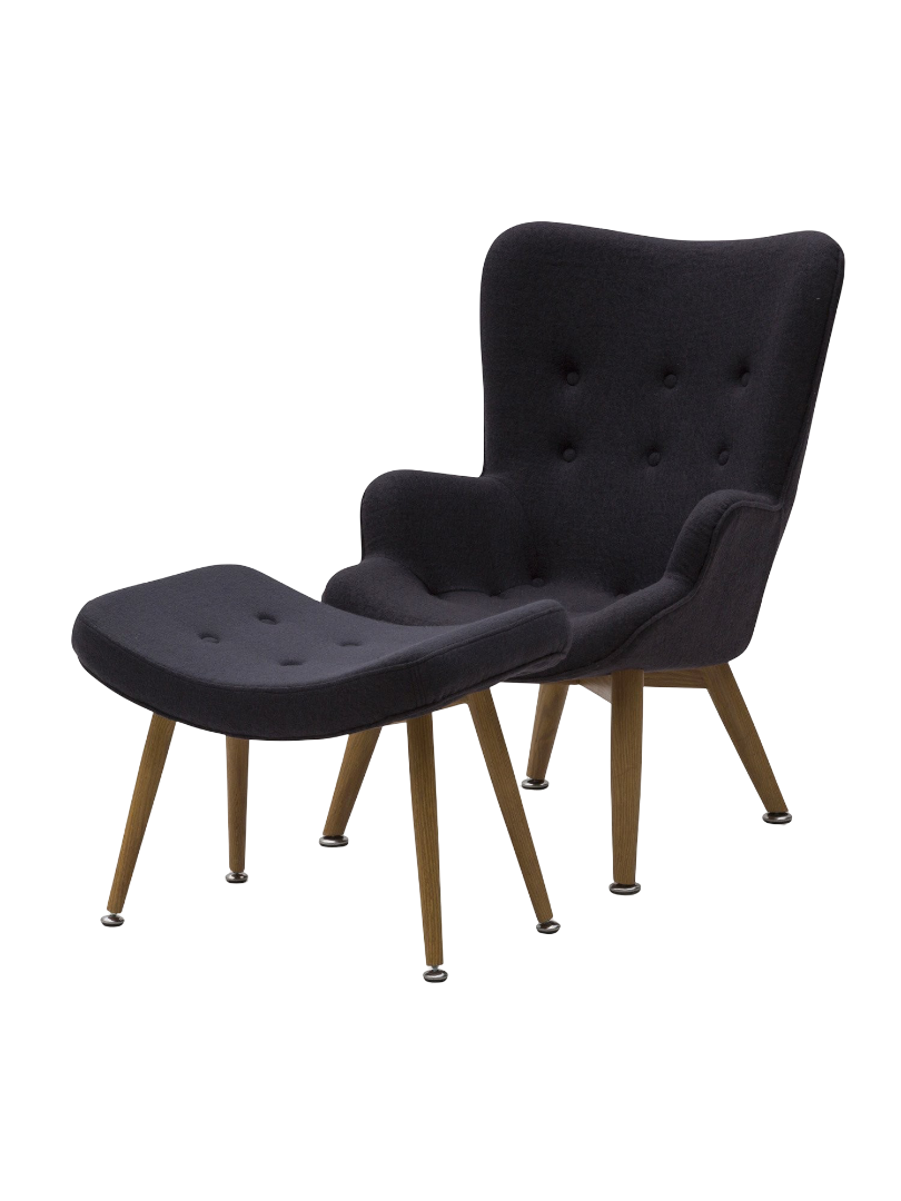 Poltrona stile scandinavo imbottita in tessuto blu con sgabello