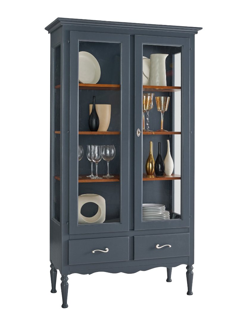 Vetrina 2 ante 2 cassetti con base curva e piedini torniti